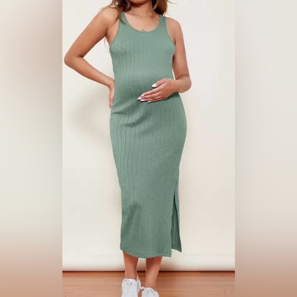 Sleeveless Green Ribbed Knit Maternity Dress - Picture 2 of 6